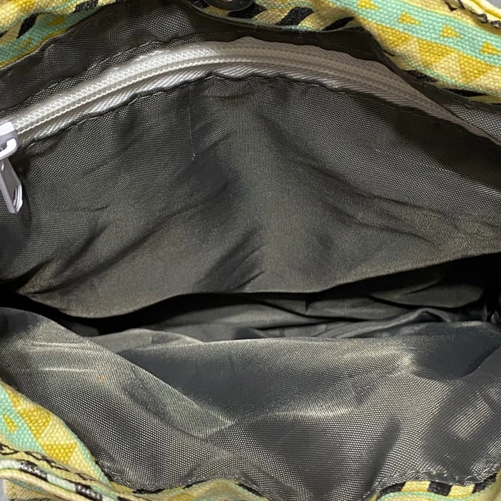 KAVU Keeper Crossbody Bag Yellow Turquoise Geometric Tribal Canvas Rope Strap‎